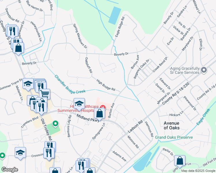 map of restaurants, bars, coffee shops, grocery stores, and more near 114 High Bridge Road in Summerville