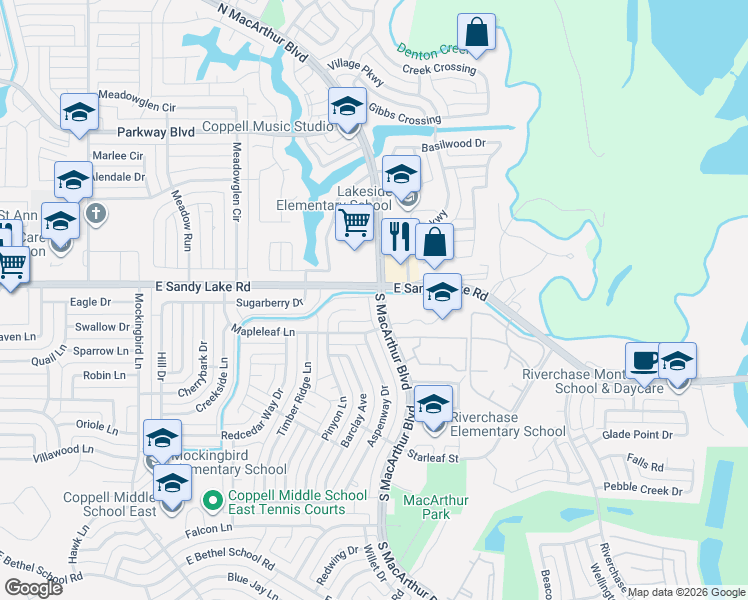map of restaurants, bars, coffee shops, grocery stores, and more near 117 South MacArthur Boulevard in Coppell