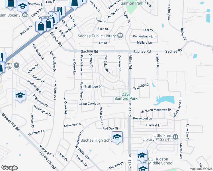 map of restaurants, bars, coffee shops, grocery stores, and more near 3716 Trailridge Drive in Sachse