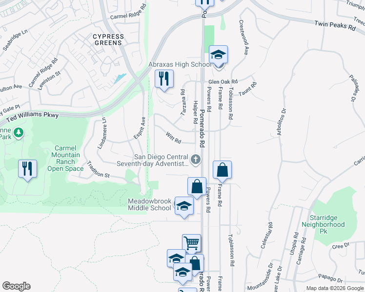 map of restaurants, bars, coffee shops, grocery stores, and more near 12325 Witt Road in Poway