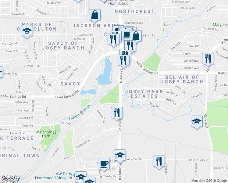 map of restaurants, bars, coffee shops, grocery stores, and more near 1871 Sherwood Lane in Carrollton