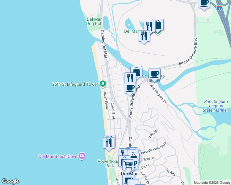 map of restaurants, bars, coffee shops, grocery stores, and more near 219 24th Street in Del Mar
