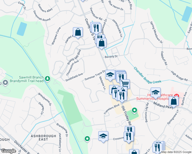 map of restaurants, bars, coffee shops, grocery stores, and more near 111 Summer Trace Drive in Summerville