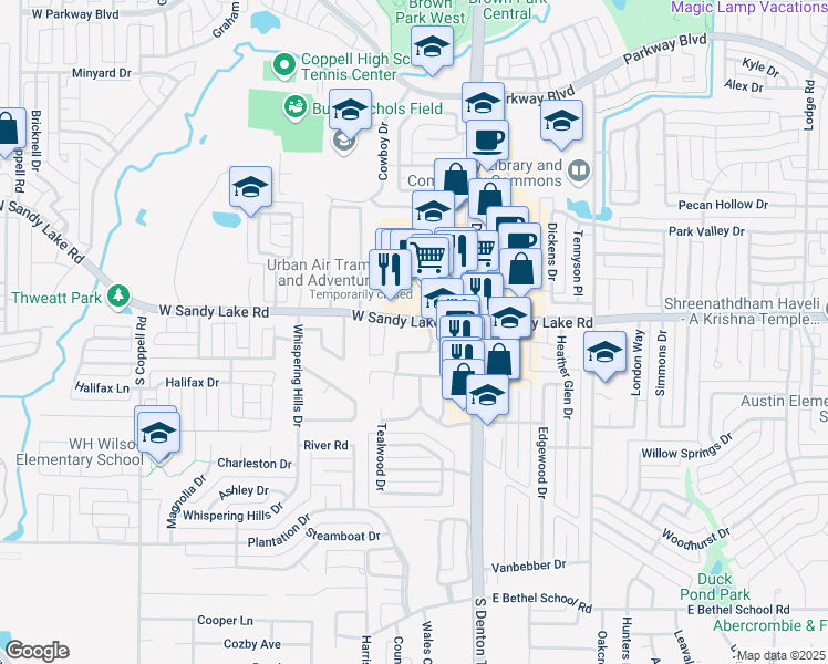 map of restaurants, bars, coffee shops, grocery stores, and more near 126 Wild Plum Drive in Coppell