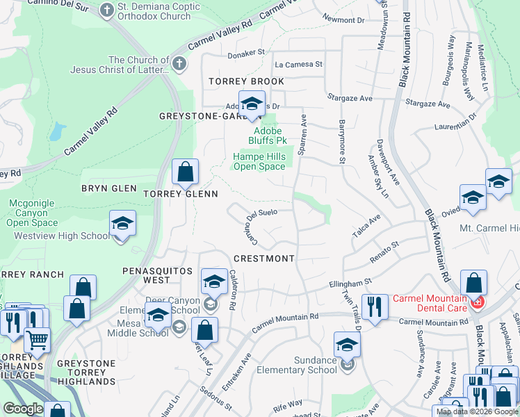 map of restaurants, bars, coffee shops, grocery stores, and more near 13822 Camino Del Suelo in San Diego
