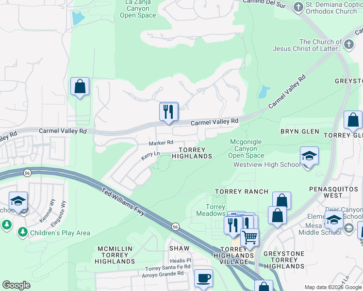 map of restaurants, bars, coffee shops, grocery stores, and more near 13944 Kerry Lane in San Diego