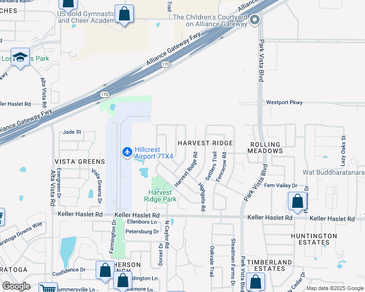 map of restaurants, bars, coffee shops, grocery stores, and more near 13225 Ridgepointe Road in Fort Worth