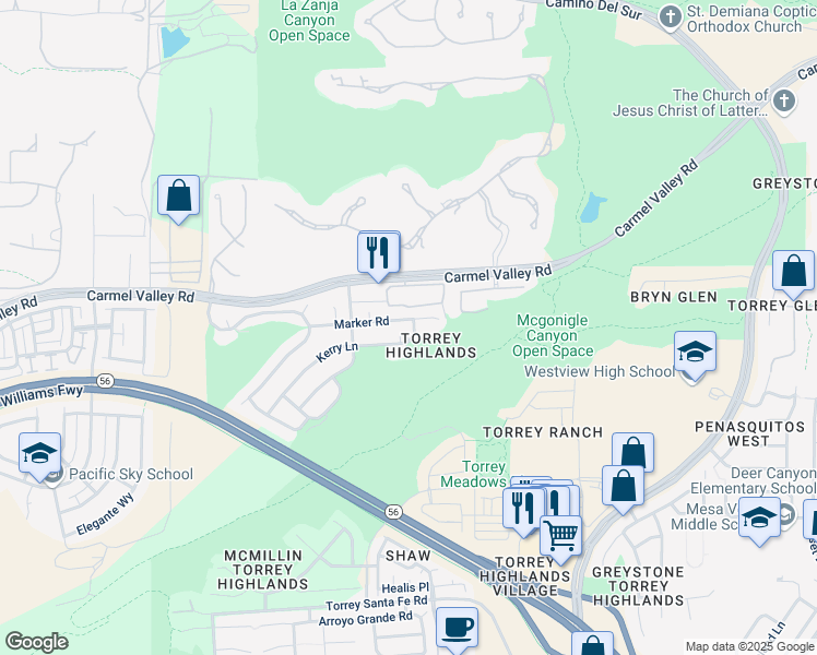 map of restaurants, bars, coffee shops, grocery stores, and more near 13944 Kerry Lane in San Diego
