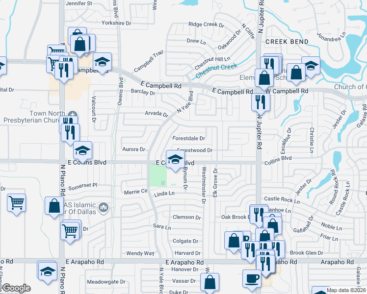 map of restaurants, bars, coffee shops, grocery stores, and more near 1915 Forestwood Drive in Richardson