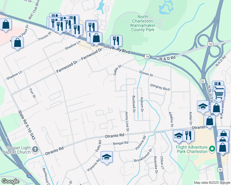 map of restaurants, bars, coffee shops, grocery stores, and more near 2432 Stadium Drive in North Charleston