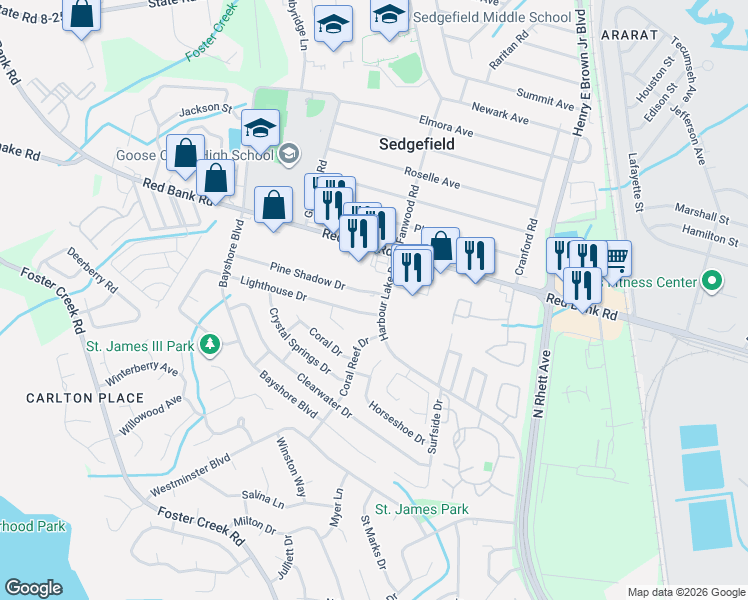 map of restaurants, bars, coffee shops, grocery stores, and more near 3 Lighthouse Drive in Goose Creek