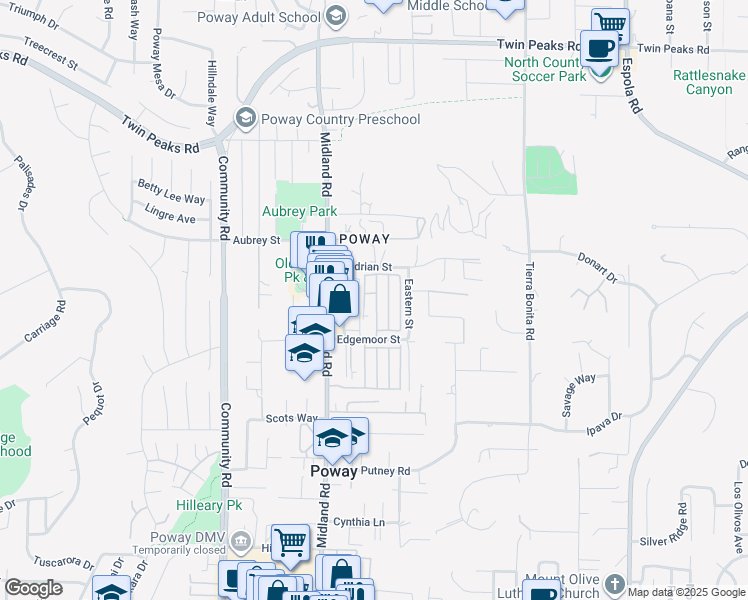 map of restaurants, bars, coffee shops, grocery stores, and more near 14082 Pomegranate Avenue in Poway