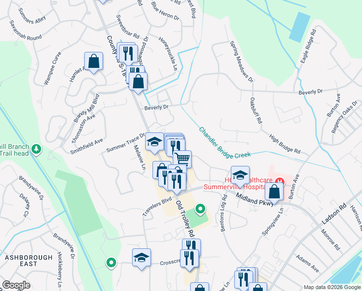 map of restaurants, bars, coffee shops, grocery stores, and more near 309 Dupont Way in Summerville