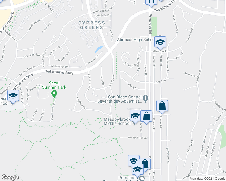 map of restaurants, bars, coffee shops, grocery stores, and more near 13665 Essence Road in San Diego