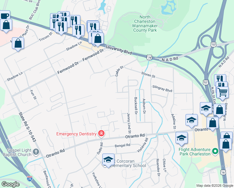 map of restaurants, bars, coffee shops, grocery stores, and more near 2432 Stadium Drive in North Charleston