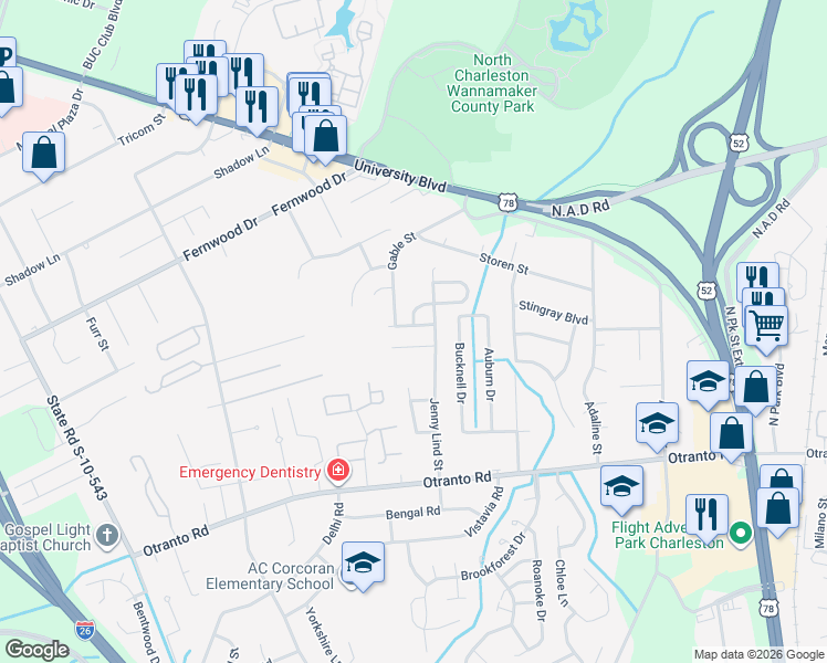 map of restaurants, bars, coffee shops, grocery stores, and more near 2435 Scholar Lane in North Charleston