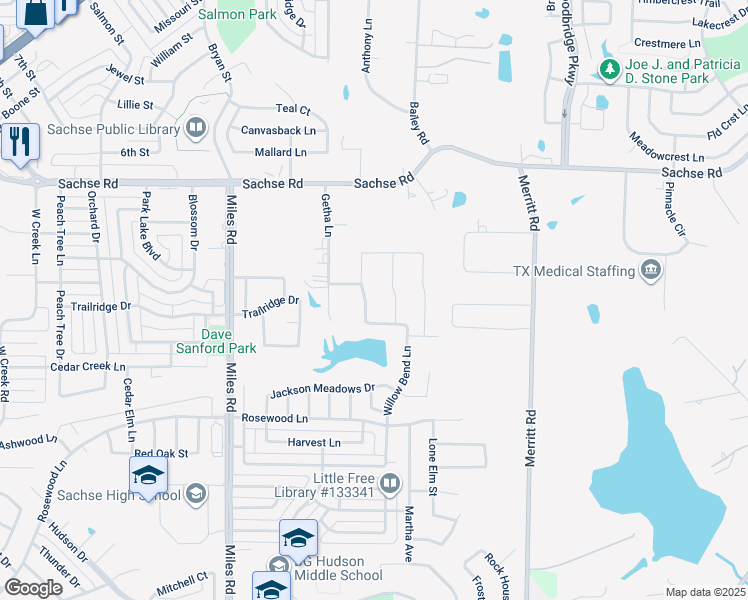 map of restaurants, bars, coffee shops, grocery stores, and more near 5164 Willow Bend Lane in Sachse