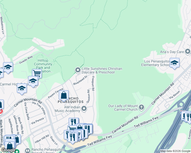 map of restaurants, bars, coffee shops, grocery stores, and more near 13865 Freeport Road in San Diego