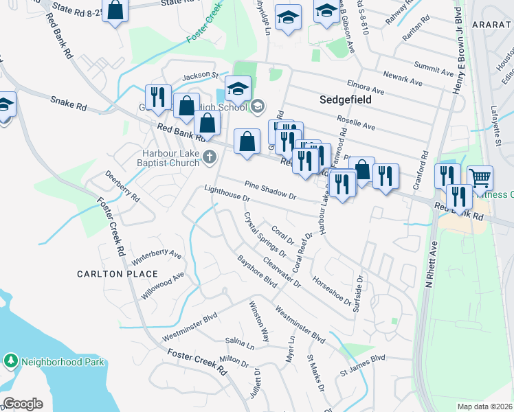 map of restaurants, bars, coffee shops, grocery stores, and more near 20 Coral Drive in Goose Creek