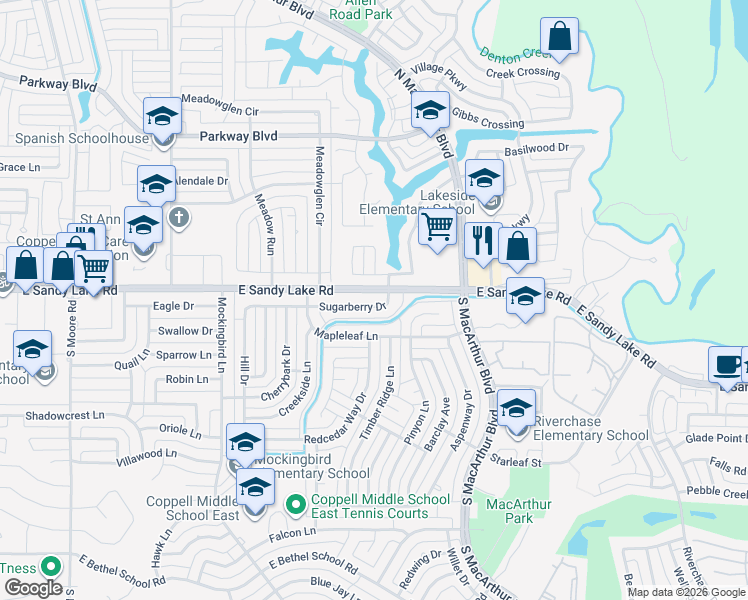 map of restaurants, bars, coffee shops, grocery stores, and more near 941 Sugarberry Drive in Coppell