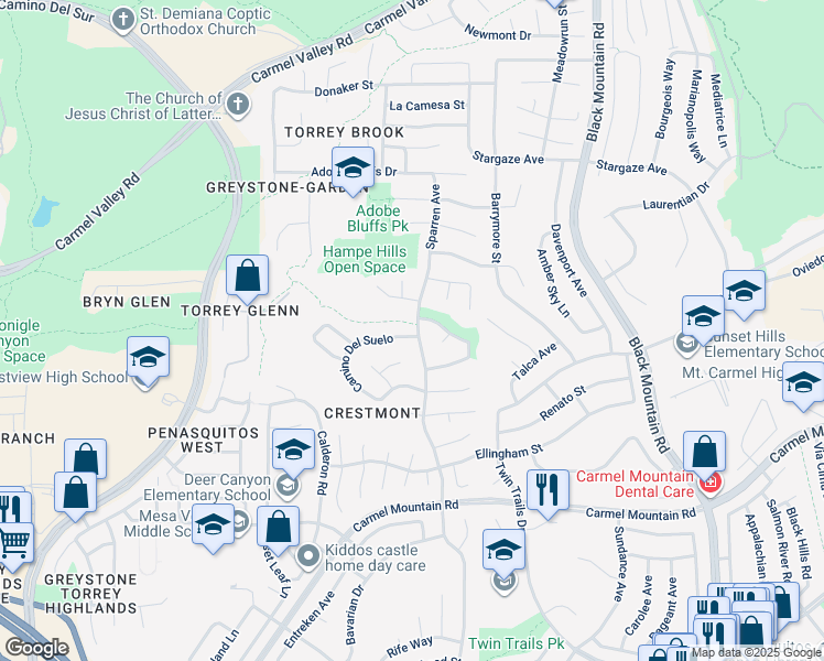 map of restaurants, bars, coffee shops, grocery stores, and more near 13894 Camino Del Suelo in San Diego