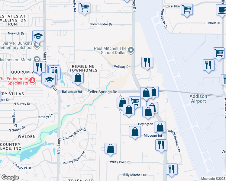 map of restaurants, bars, coffee shops, grocery stores, and more near 3221 Keller Springs Road in Carrollton