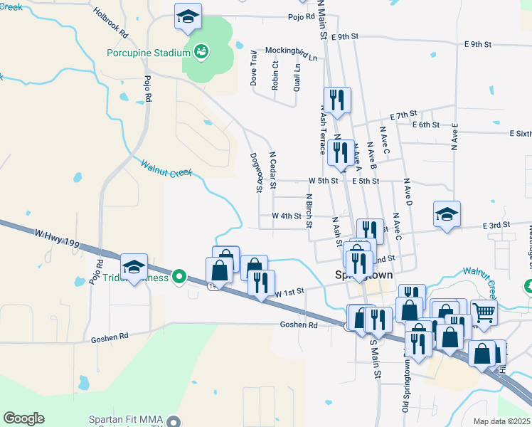 map of restaurants, bars, coffee shops, grocery stores, and more near 324 West 3rd Terrace in Springtown