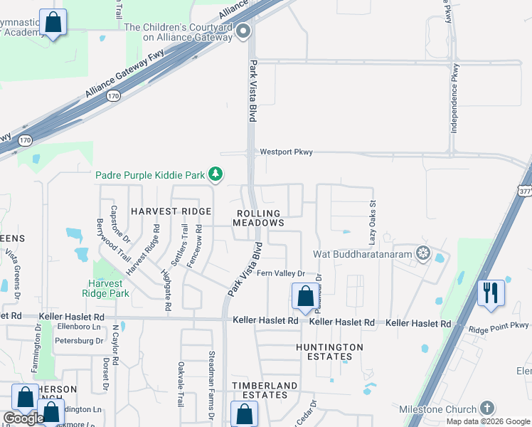 map of restaurants, bars, coffee shops, grocery stores, and more near 13240 Larks View Point in Fort Worth