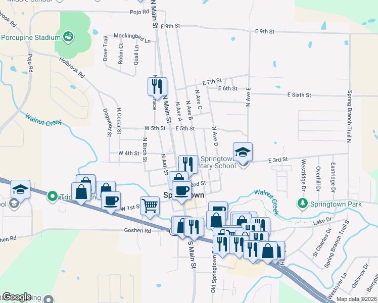 map of restaurants, bars, coffee shops, grocery stores, and more near 400 North Avenue A in Springtown