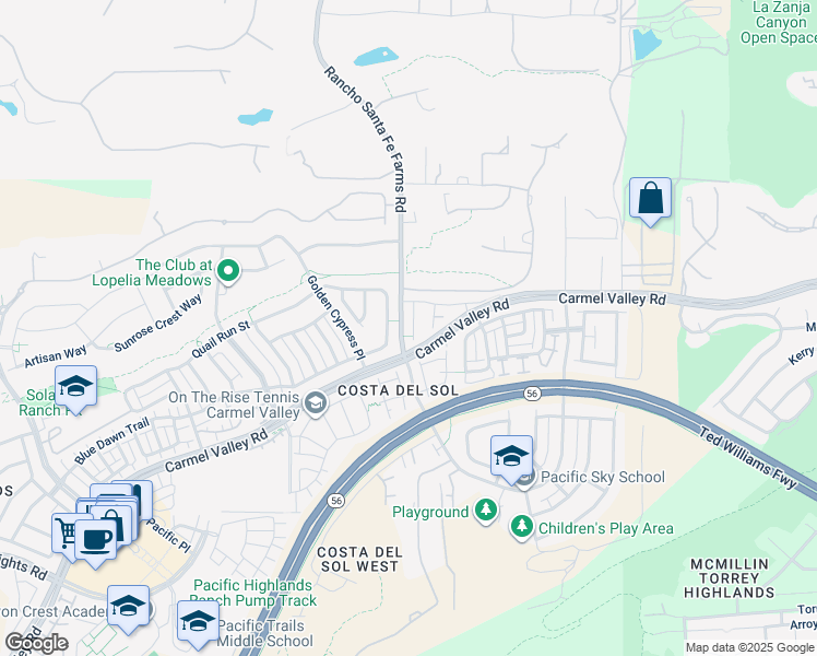 map of restaurants, bars, coffee shops, grocery stores, and more near 13568 Bolero Way in San Diego