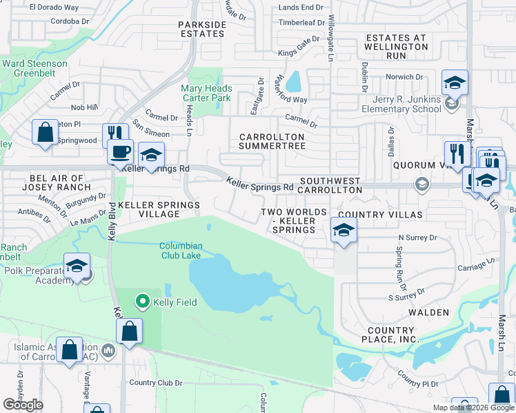 map of restaurants, bars, coffee shops, grocery stores, and more near 2104 Via Estrada in Carrollton