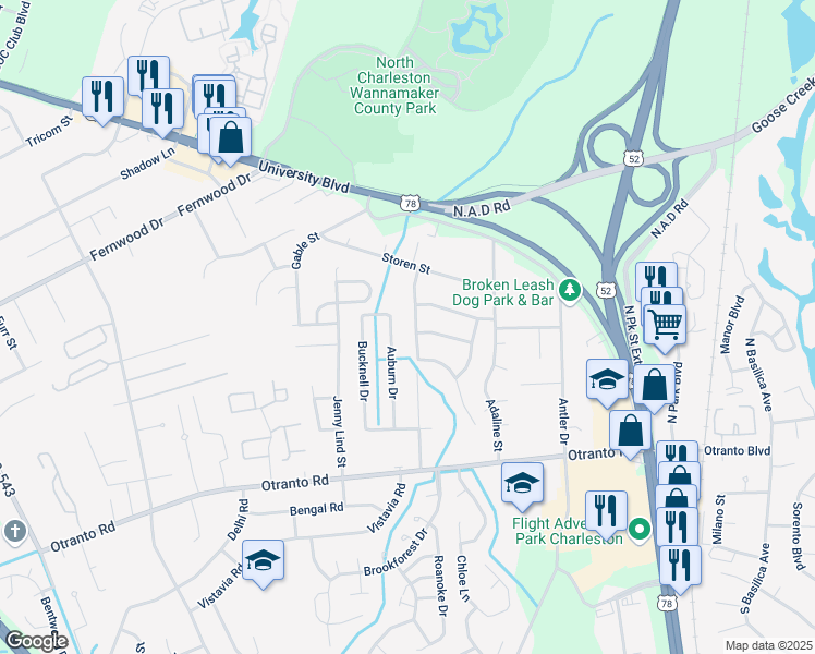 map of restaurants, bars, coffee shops, grocery stores, and more near 8769 Tigershark Avenue in North Charleston