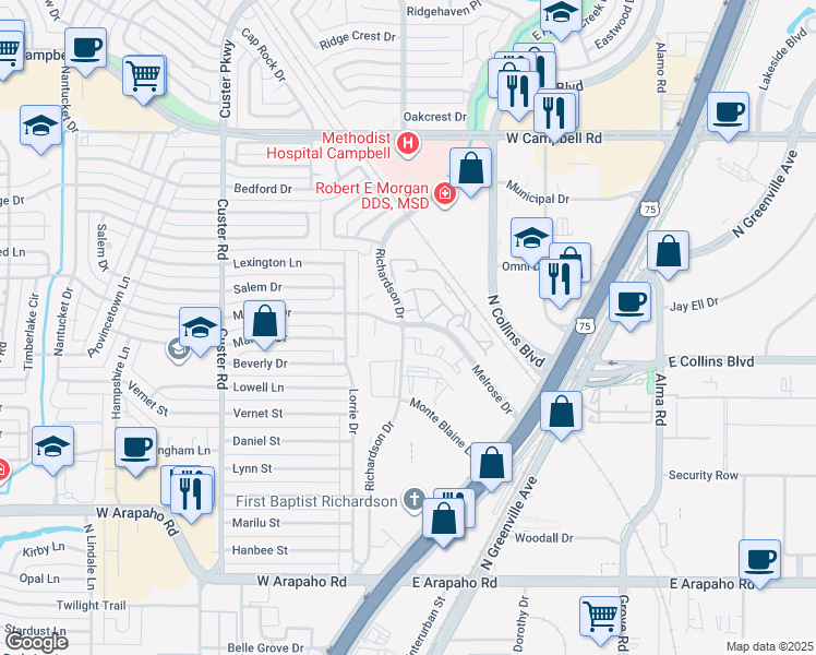 map of restaurants, bars, coffee shops, grocery stores, and more near 1475 Richardson Drive in Richardson