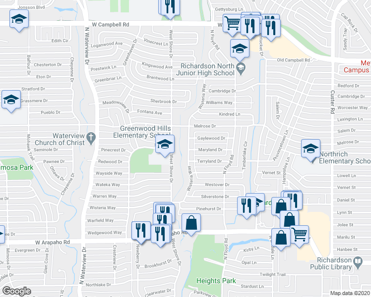map of restaurants, bars, coffee shops, grocery stores, and more near 1313 Wisteria Way in Richardson