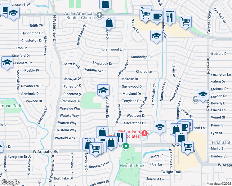 map of restaurants, bars, coffee shops, grocery stores, and more near 1313 Wisteria Way in Richardson