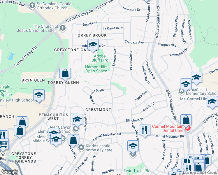 map of restaurants, bars, coffee shops, grocery stores, and more near 13894 Camino Del Suelo in San Diego