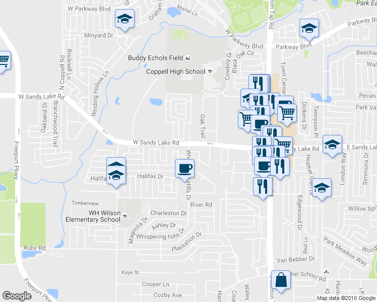 map of restaurants, bars, coffee shops, grocery stores, and more near 115 Whispering Hills Drive in Coppell