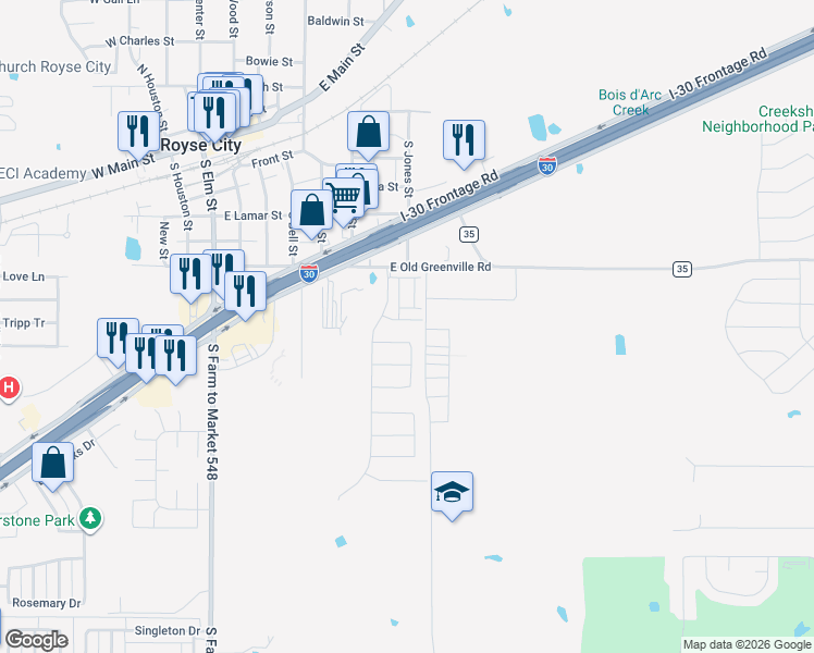 map of restaurants, bars, coffee shops, grocery stores, and more near 928 Cemetery Road in Royse City