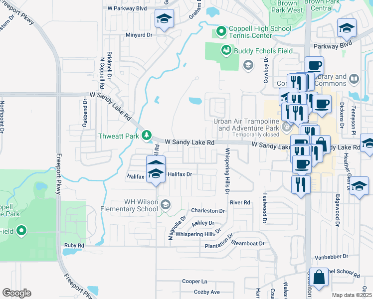 map of restaurants, bars, coffee shops, grocery stores, and more near 119 Ripplewood in Coppell