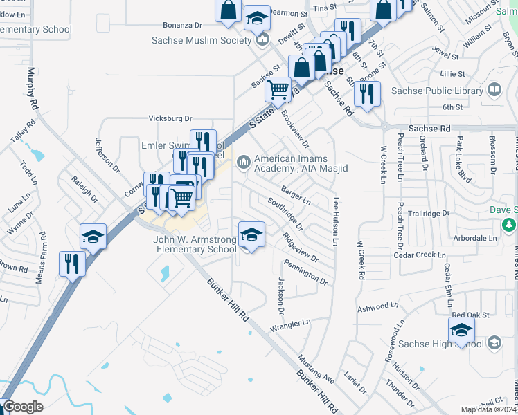map of restaurants, bars, coffee shops, grocery stores, and more near 2307 Ridgeview Drive in Sachse