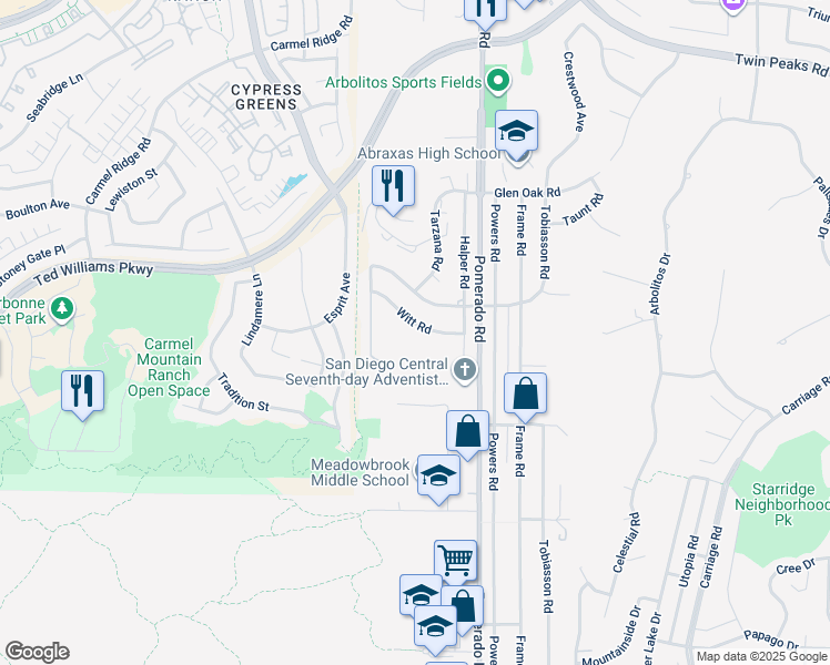 map of restaurants, bars, coffee shops, grocery stores, and more near 12311 Witt Road in Poway