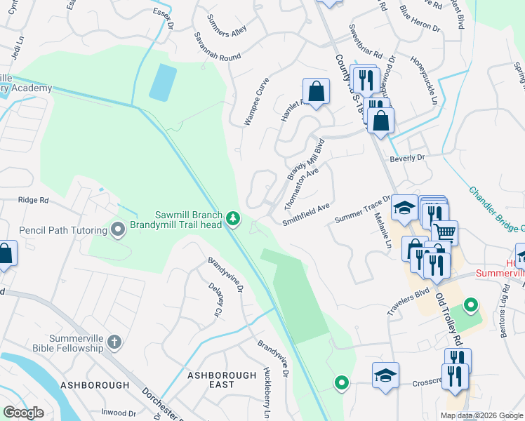map of restaurants, bars, coffee shops, grocery stores, and more near 154 Wainwright Manor in Summerville