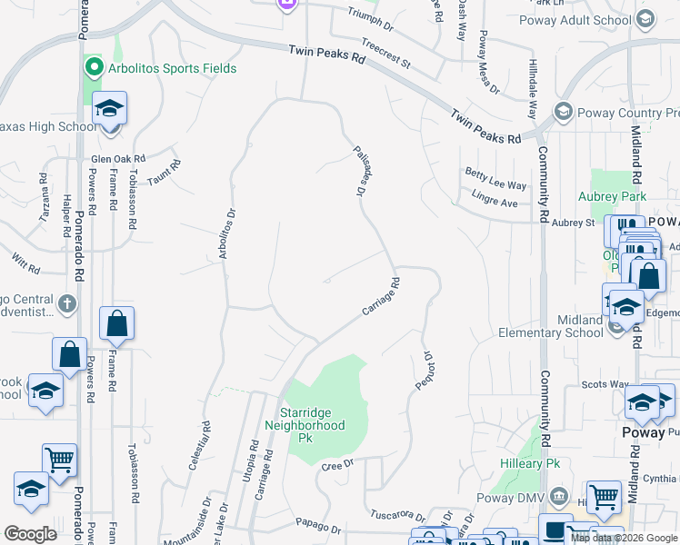 map of restaurants, bars, coffee shops, grocery stores, and more near 12834 Rockwell Court in Poway