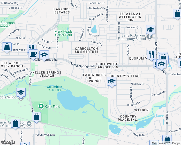 map of restaurants, bars, coffee shops, grocery stores, and more near 2016 Via Miramonte in Carrollton
