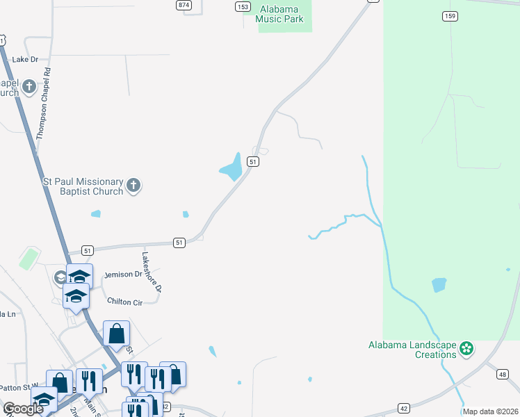 map of restaurants, bars, coffee shops, grocery stores, and more near 16731 County Road 51 in Jemison