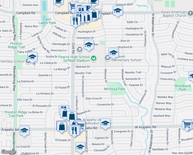 map of restaurants, bars, coffee shops, grocery stores, and more near 1312 Chickasaw Drive in Richardson
