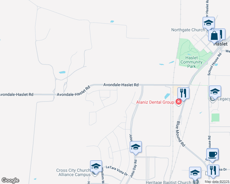 map of restaurants, bars, coffee shops, grocery stores, and more near 89 Avondale Haslet Road in Haslet