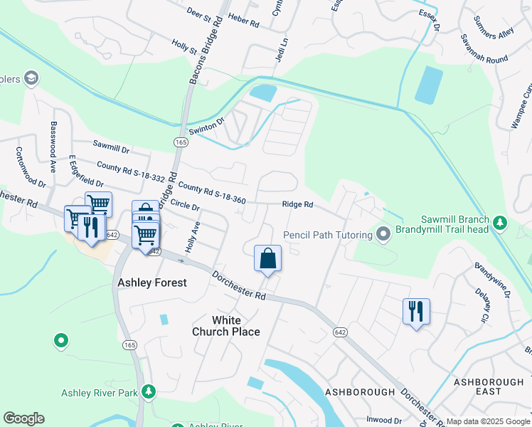 map of restaurants, bars, coffee shops, grocery stores, and more near 201 Medford Drive in Summerville