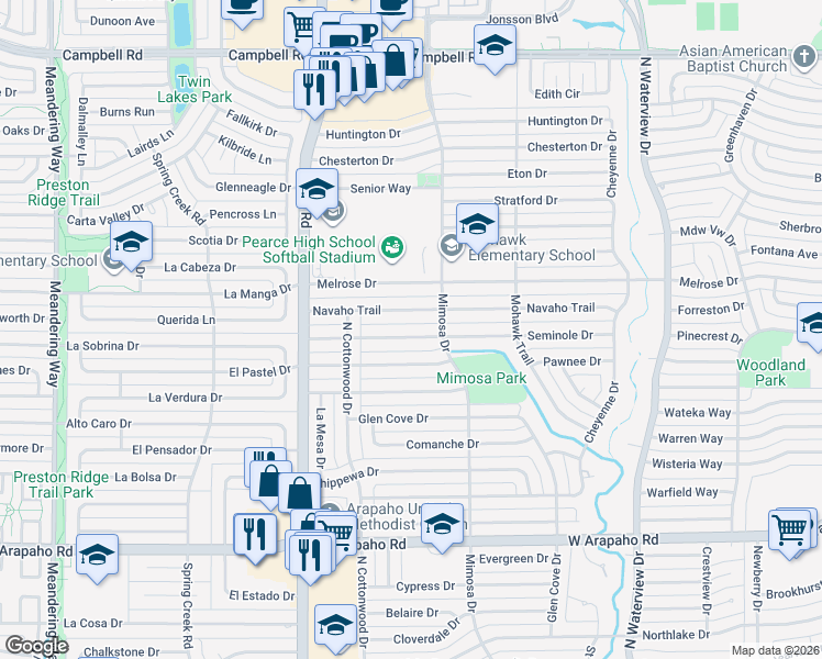 map of restaurants, bars, coffee shops, grocery stores, and more near 1312 Chickasaw Drive in Richardson