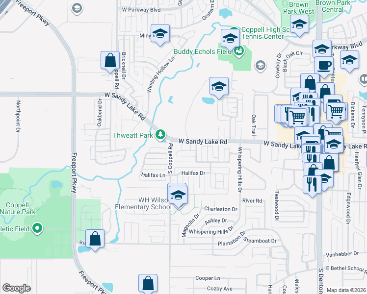 map of restaurants, bars, coffee shops, grocery stores, and more near 474 Forest Ridge Drive in Coppell